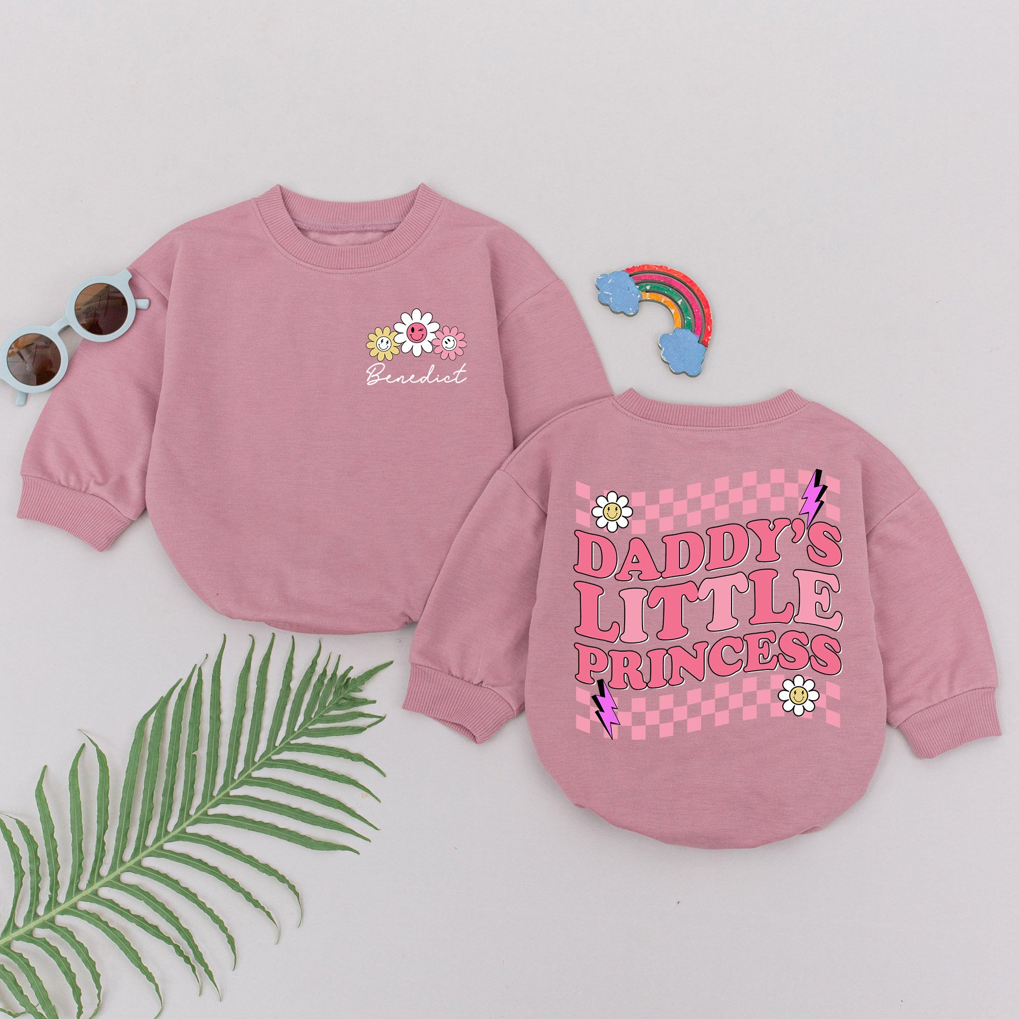 Daddy's Little Princess Romper with Pink Checkered Flowers Baby Girl Outfit for Father's Day or Baby Shower Gift