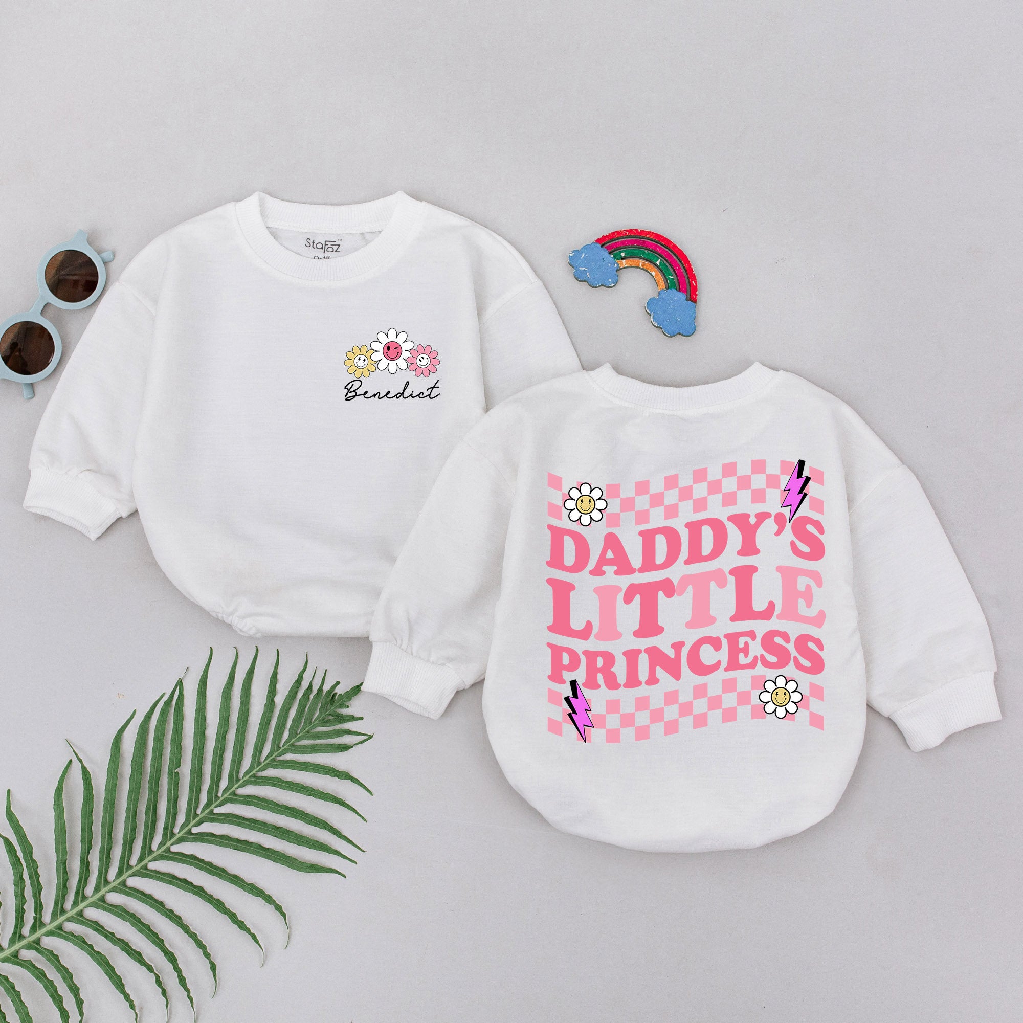 Daddy's Little Princess Romper with Pink Checkered Flowers Baby Girl Outfit for Father's Day or Baby Shower Gift