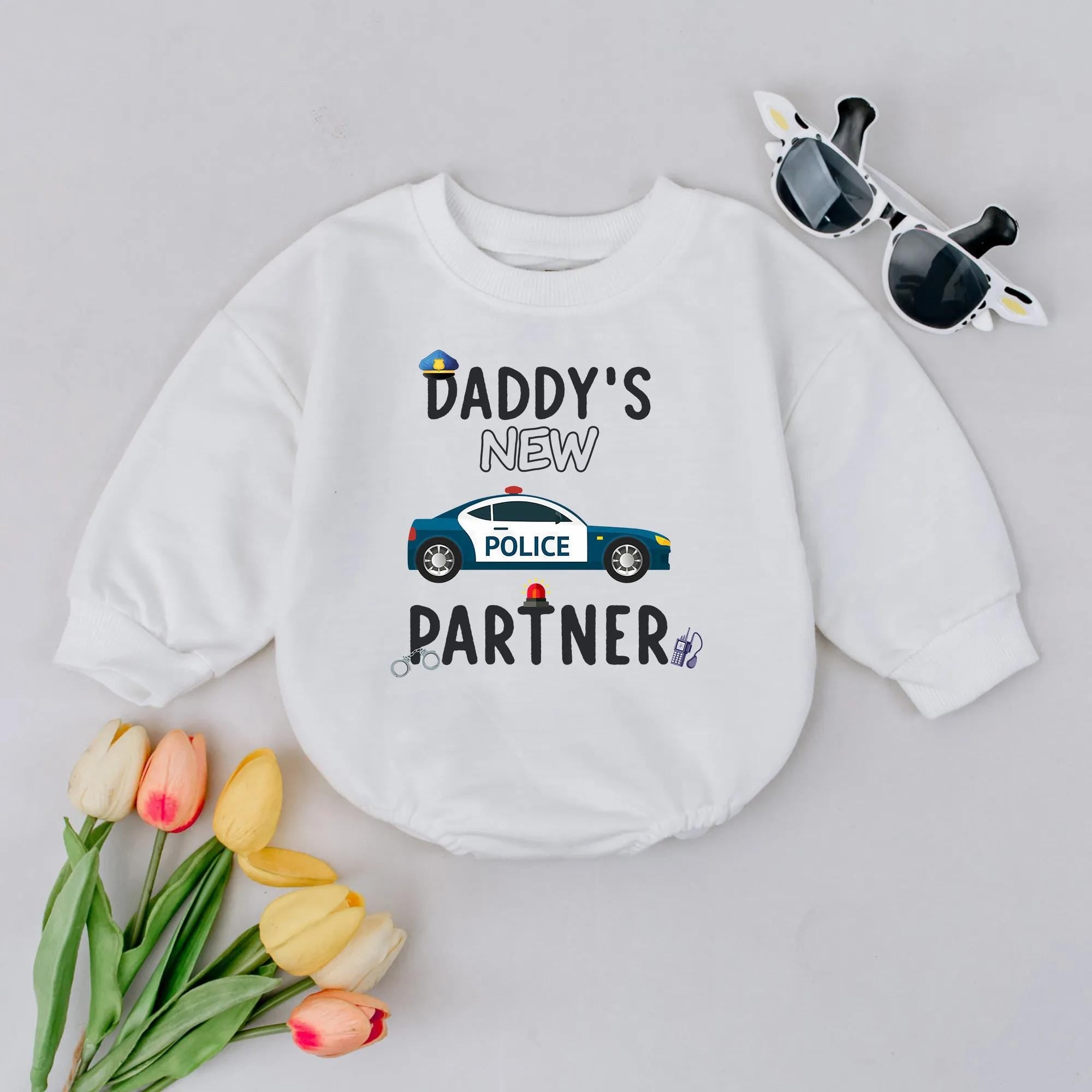 Daddy's New Partner Baby Romper with Police Car and Hat Cute Law Enforcement Outfit Soft Cotton Baby Shower Gift