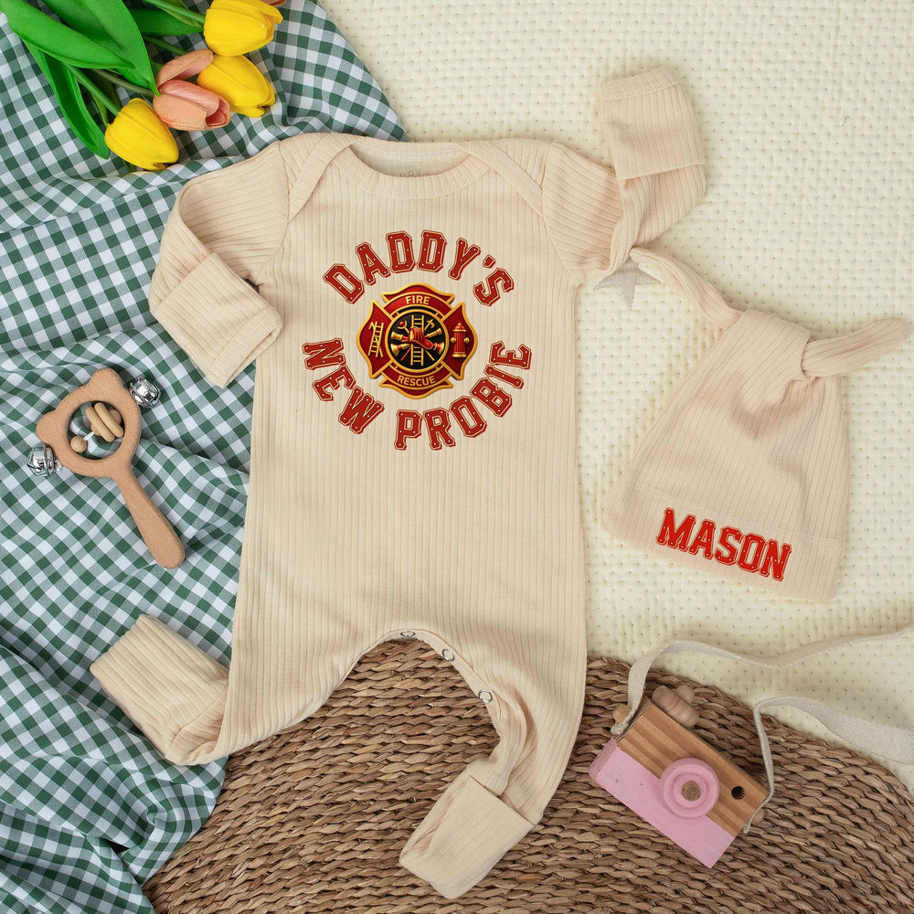 Daddy's New Probie Baby Bodysuit with Firefighter Emblem Custom Name Gift for Fireman Dad Newborn Outfit Soft Cotton Baby Shower Clothes