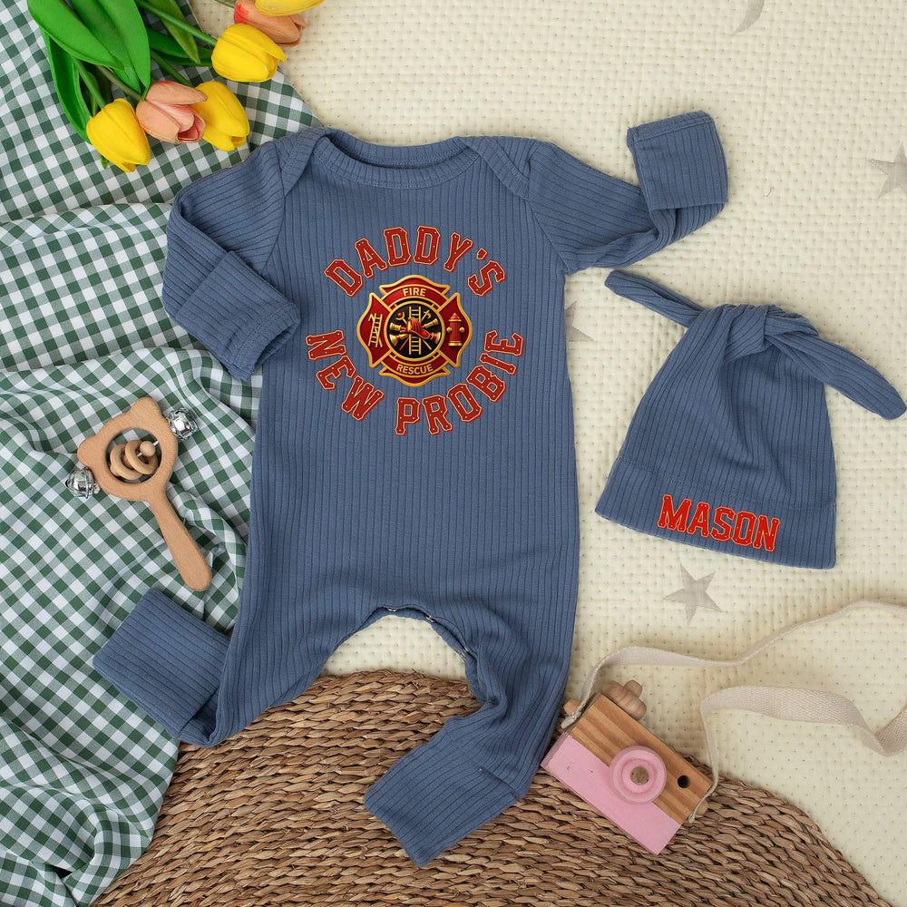 Daddy's New Probie Baby Bodysuit with Firefighter Emblem Custom Name Gift for Fireman Dad Newborn Outfit Soft Cotton Baby Shower Clothes