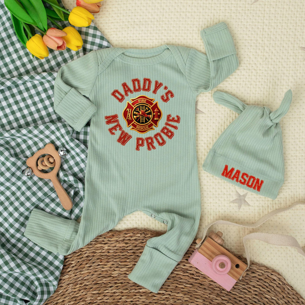 Daddy's New Probie Baby Bodysuit with Firefighter Emblem Custom Name Gift for Fireman Dad Newborn Outfit Soft Cotton Baby Shower Clothes