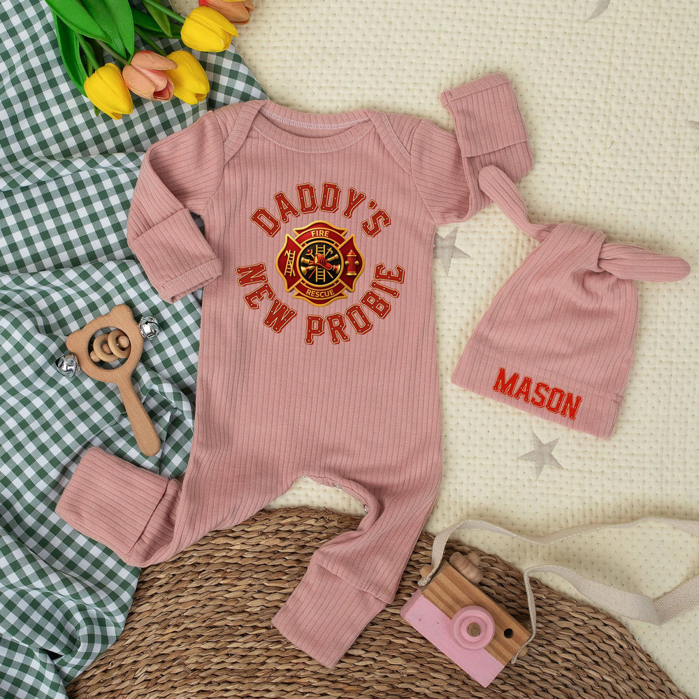 Daddy's New Probie Baby Bodysuit with Firefighter Emblem Custom Name Gift for Fireman Dad Newborn Outfit Soft Cotton Baby Shower Clothes