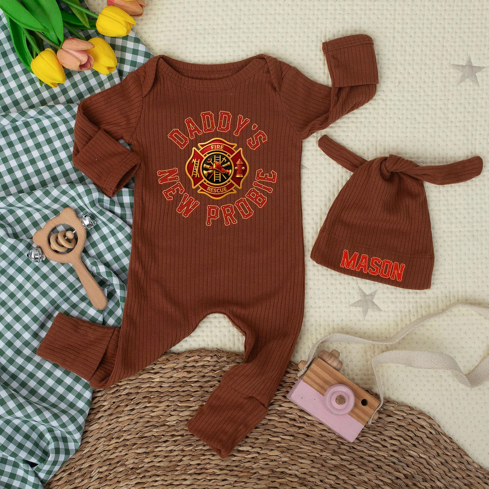 Daddy's New Probie Baby Bodysuit with Firefighter Emblem Custom Name Gift for Fireman Dad Newborn Outfit Soft Cotton Baby Shower Clothes