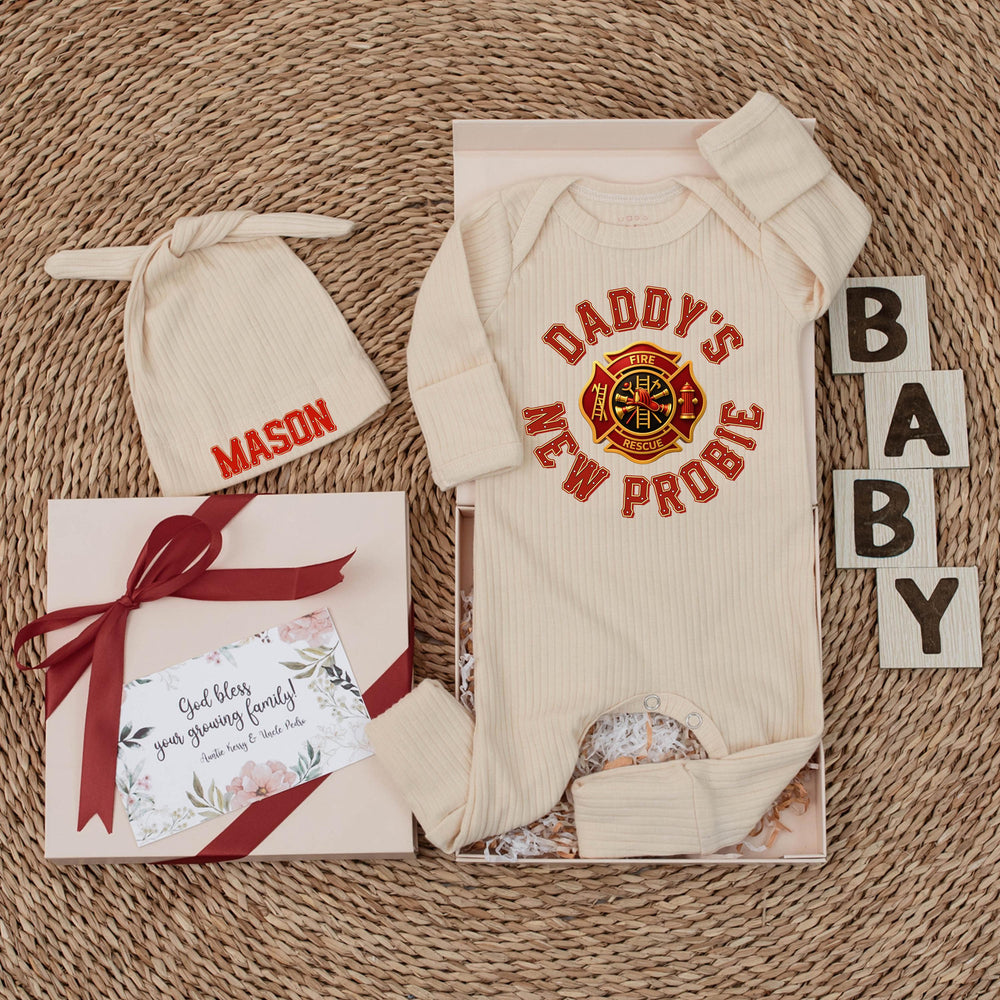 Daddy's New Probie Baby Bodysuit with Firefighter Emblem Custom Name Gift for Fireman Dad Newborn Outfit Soft Cotton Baby Shower Clothes