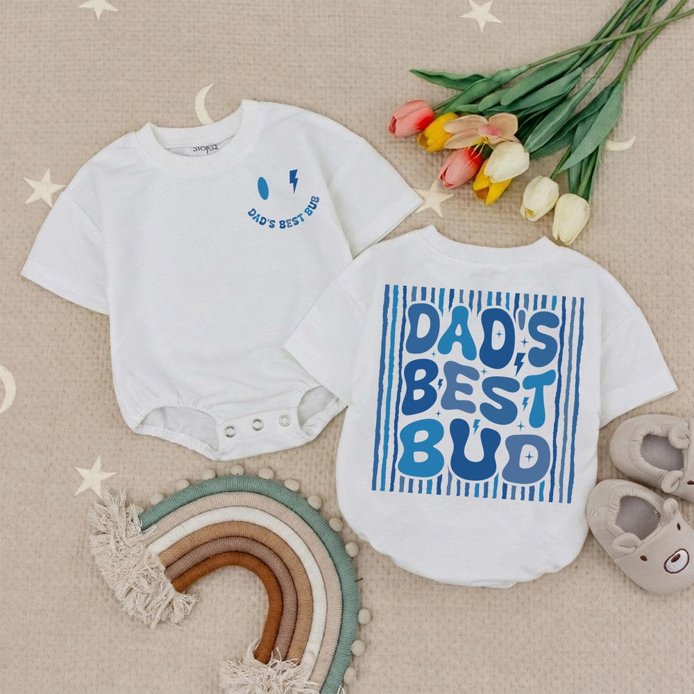 Dad’s Best Bud Baby Boy Romper Retro Smiley Face Toddler Shirt Lightning Bolt Graphic Fathers Day Gift Soft Cotton Outfit Blue Design