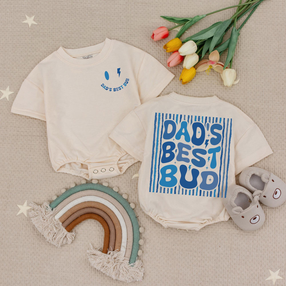 Dad’s Best Bud Baby Boy Romper Retro Smiley Face Toddler Shirt Lightning Bolt Graphic Fathers Day Gift Soft Cotton Outfit Blue Design
