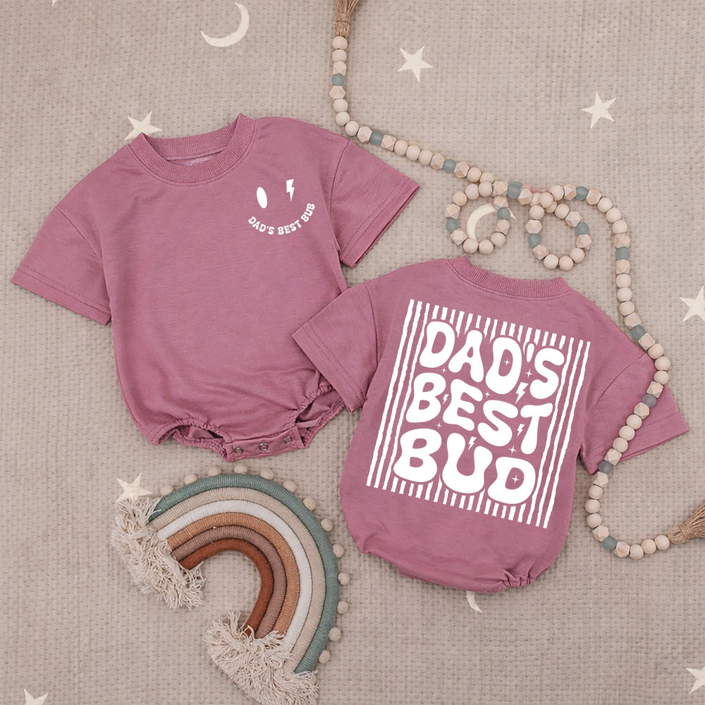 Dad’s Best Bud Baby Boy Romper Retro Smiley Face Toddler Shirt Lightning Bolt Graphic Fathers Day Gift Soft Cotton Outfit Blue Design