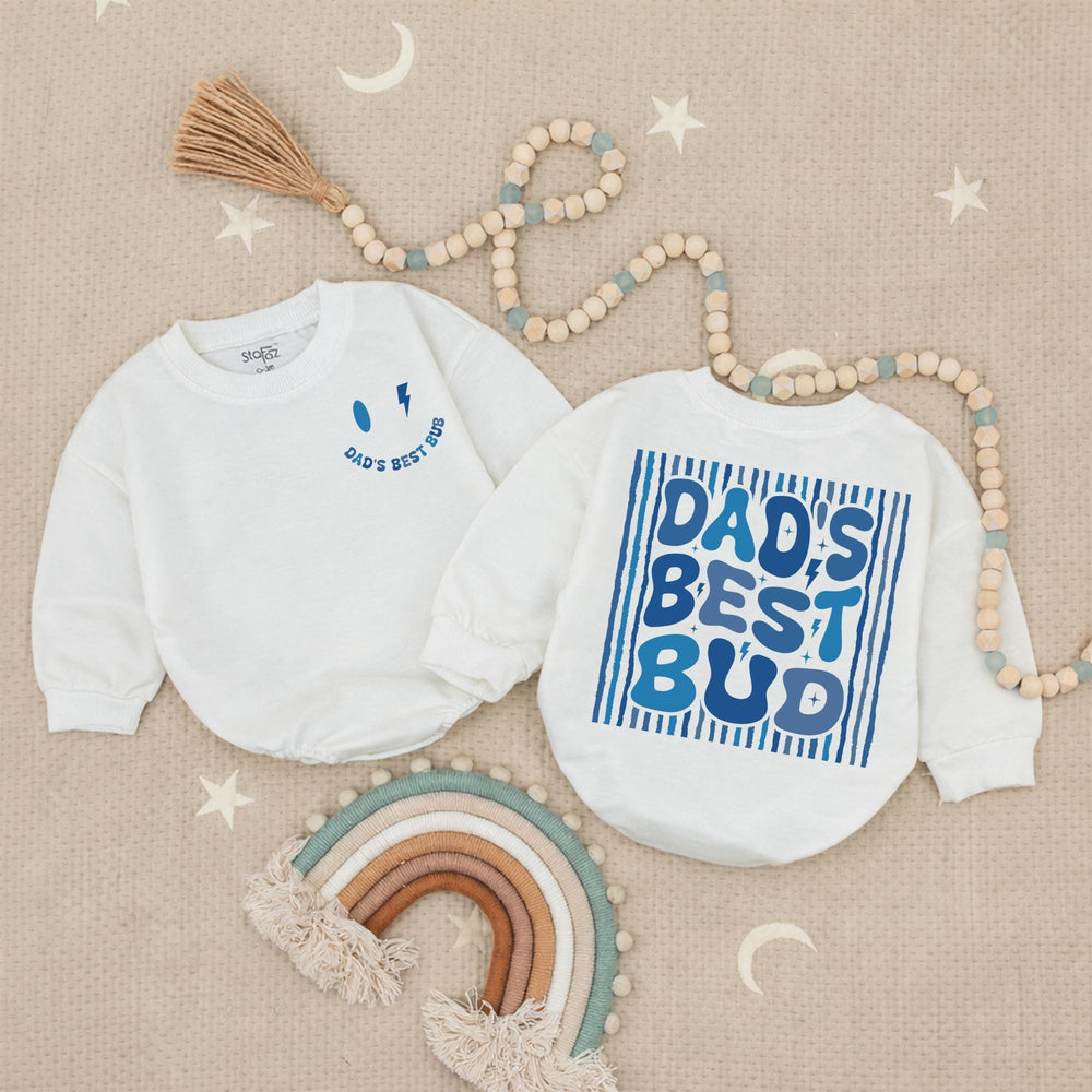 Dad’s Best Bud Baby Boy Romper Retro Smiley Face Toddler Shirt Lightning Bolt Graphic Fathers Day Gift Soft Cotton Outfit Blue Design