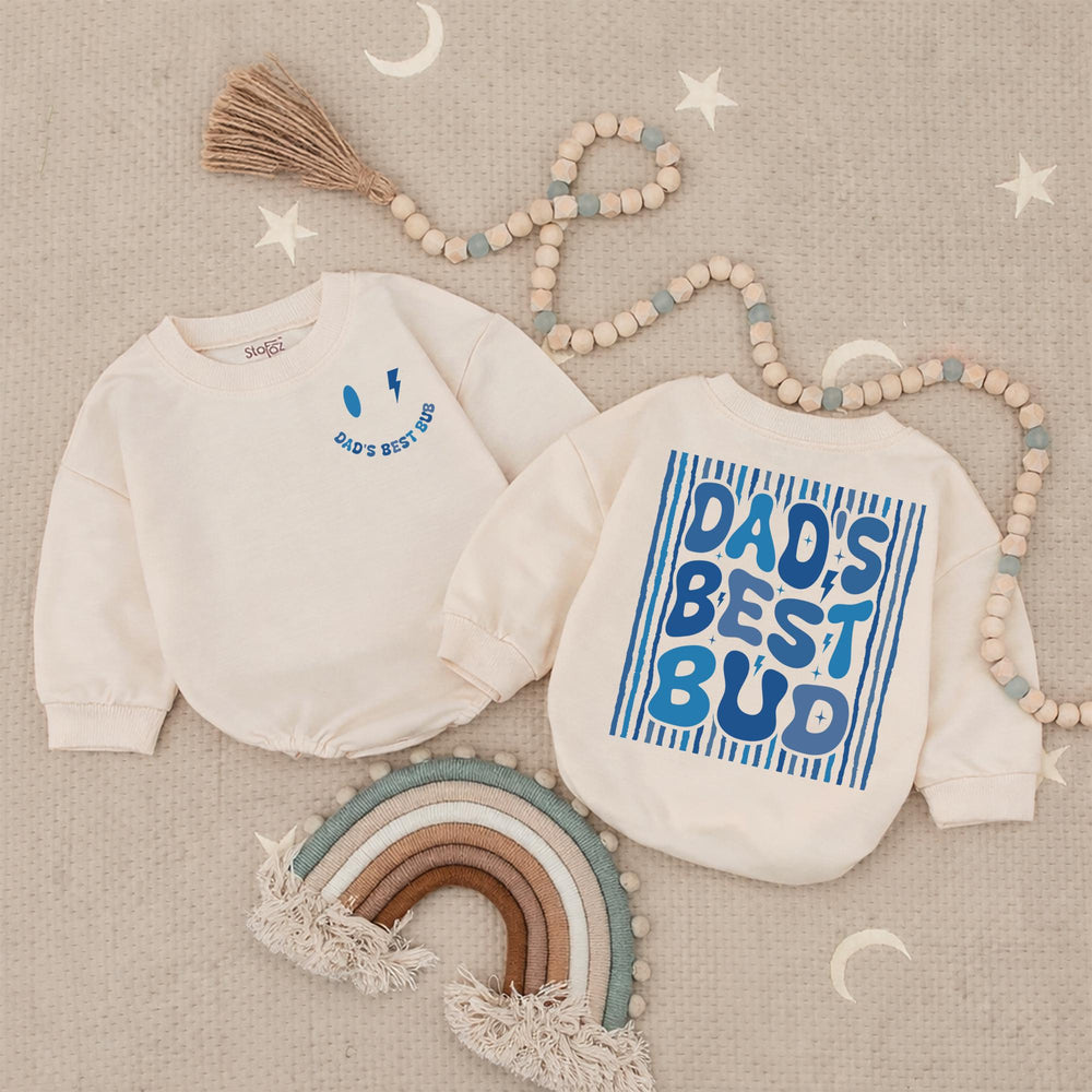 Dad’s Best Bud Baby Boy Romper Retro Smiley Face Toddler Shirt Lightning Bolt Graphic Fathers Day Gift Soft Cotton Outfit Blue Design