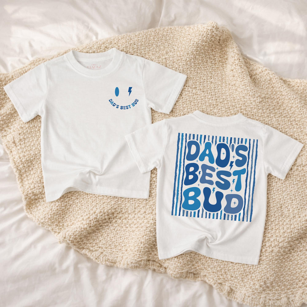 Dad’s Best Bud Baby Boy Romper Retro Smiley Face Toddler Shirt Lightning Bolt Graphic Fathers Day Gift Soft Cotton Outfit Blue Design