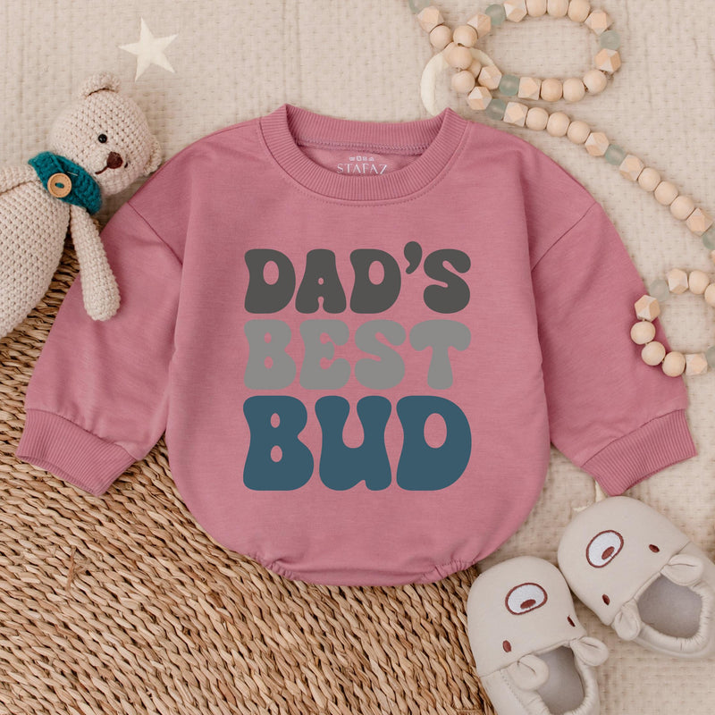 Dad's Best Bud Baby Romper with Retro Font - Long Sleeve Soft Cotton Outfit for Boys - First Father's Day Gift or Celebratory Wear