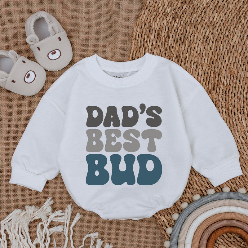Dad's Best Bud Baby Romper with Retro Font - Long Sleeve Soft Cotton Outfit for Boys - First Father's Day Gift or Celebratory Wear
