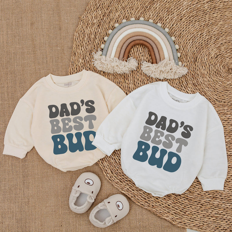 Dad's Best Bud Baby Romper with Retro Font - Long Sleeve Soft Cotton Outfit for Boys - First Father's Day Gift or Celebratory Wear