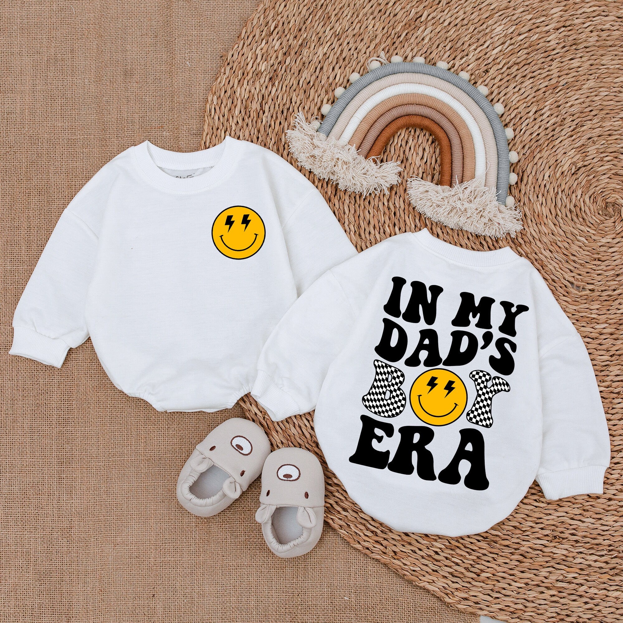 Dad's Era Baby Romper with Smiley Face Lightning Eyes Checkered Flags Fun Baby Announcement Father's Day Gift Cotton Soft Outfit