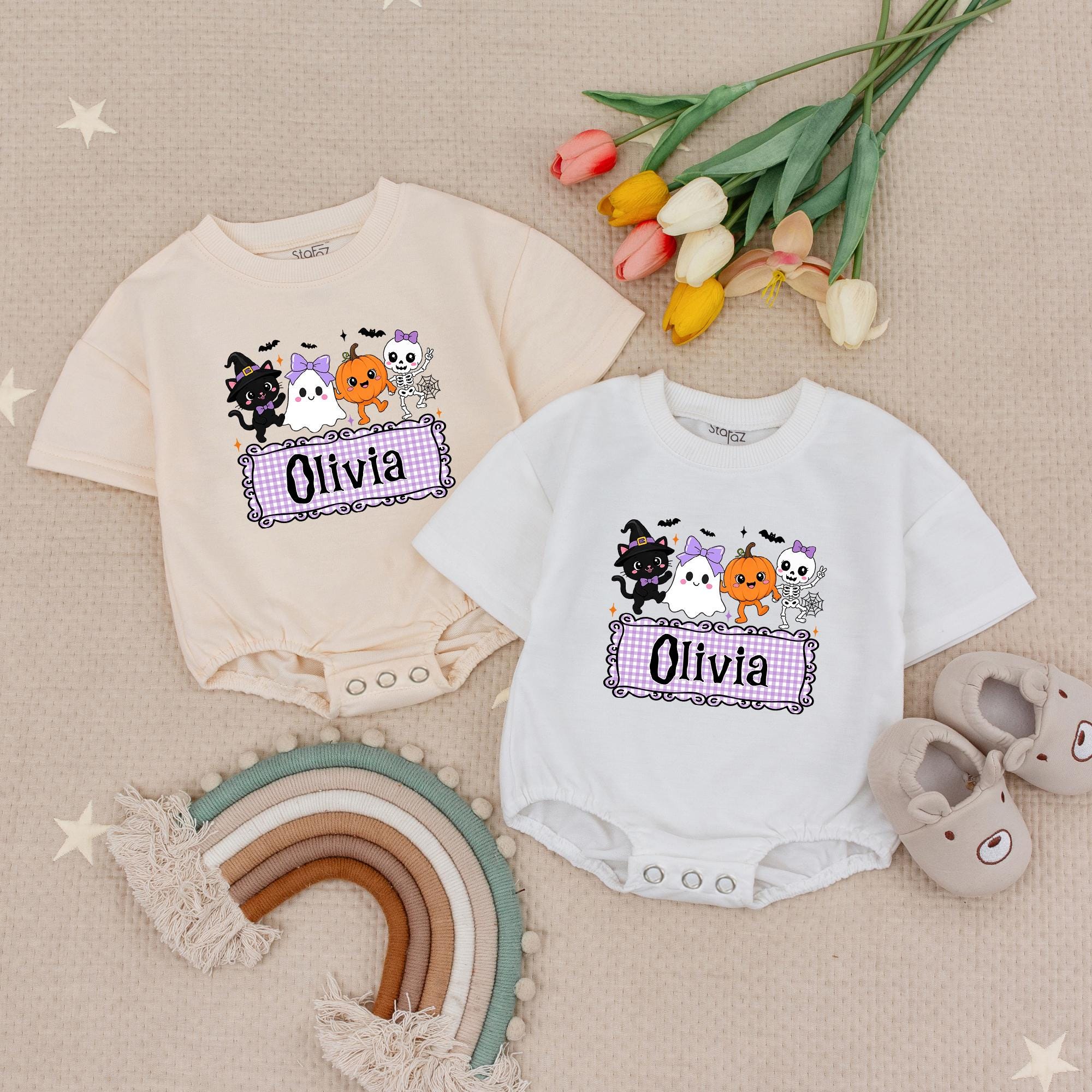 Dancing Pumpkins Baby Romper with Ghost and Cat Artwork, Halloween Outfit for Baby with Custom Name, Pumpkin Patch Photoshoot