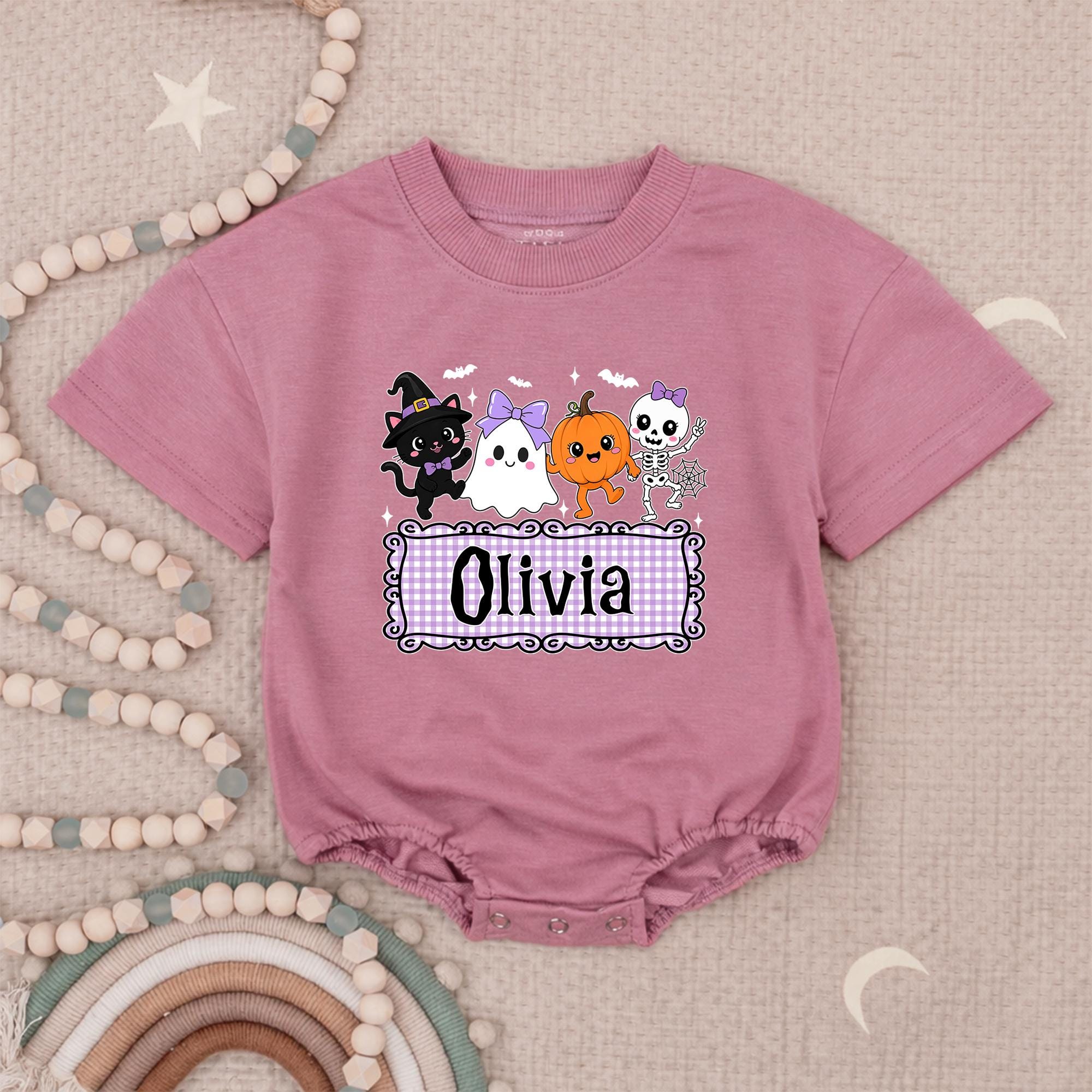Dancing Pumpkins Baby Romper with Ghost and Cat Artwork, Halloween Outfit for Baby with Custom Name, Pumpkin Patch Photoshoot