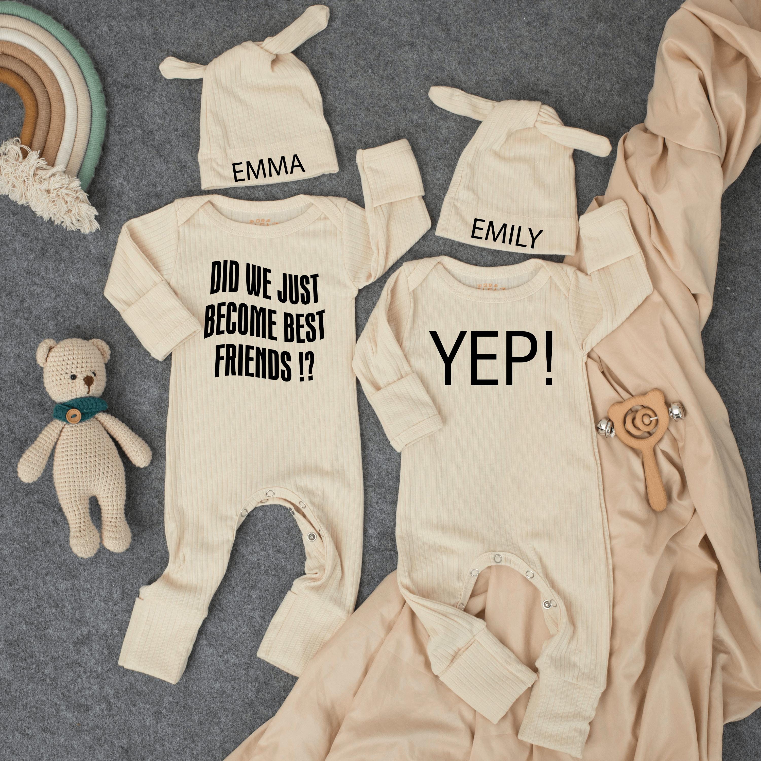 Did We Just Become Best Friends Baby Bodysuits with Hats Minimalist Twin Outfit Funny Personalized Gift for Baby Shower or Coming Home
