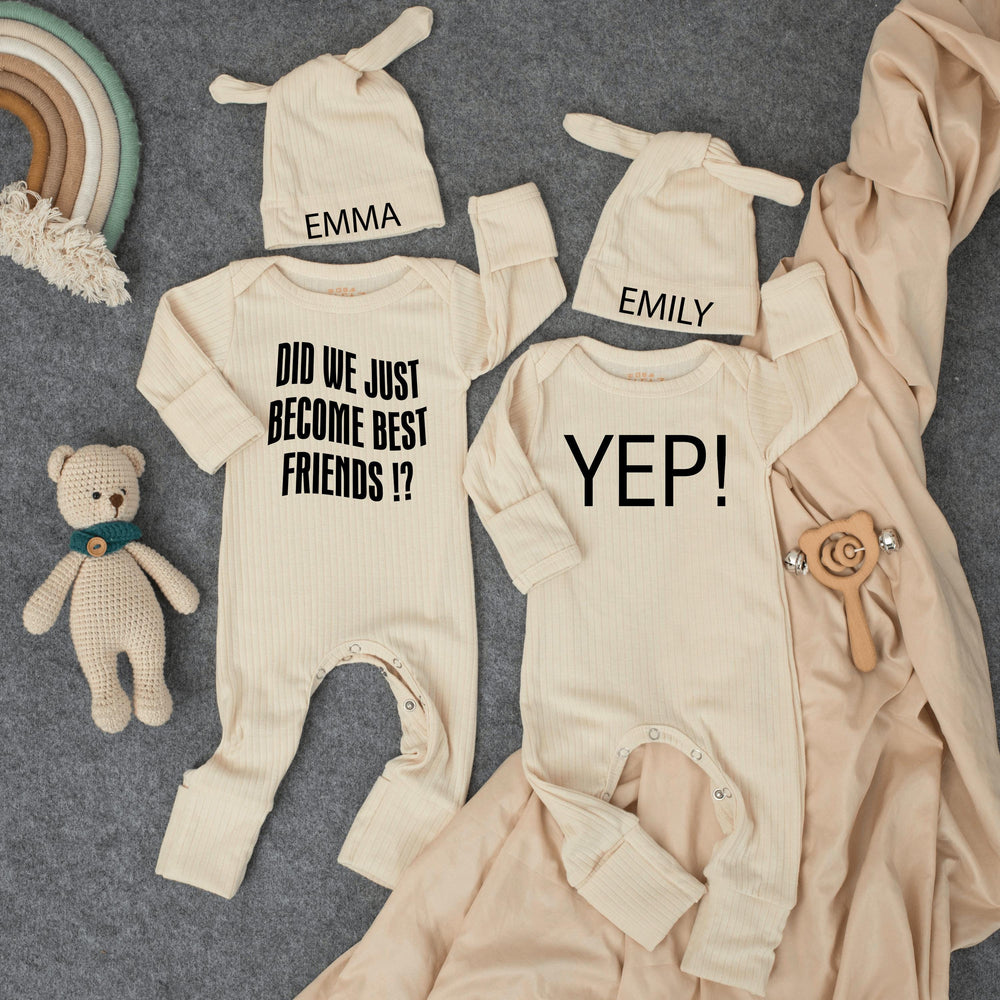 Did We Just Become Best Friends Baby Bodysuits with Hats Minimalist Twin Outfit Funny Personalized Gift for Baby Shower or Coming Home