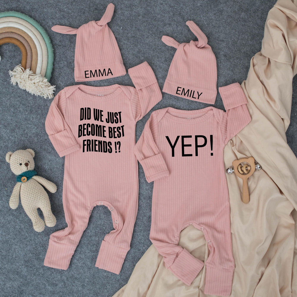 Did We Just Become Best Friends Baby Bodysuits with Hats Minimalist Twin Outfit Funny Personalized Gift for Baby Shower or Coming Home