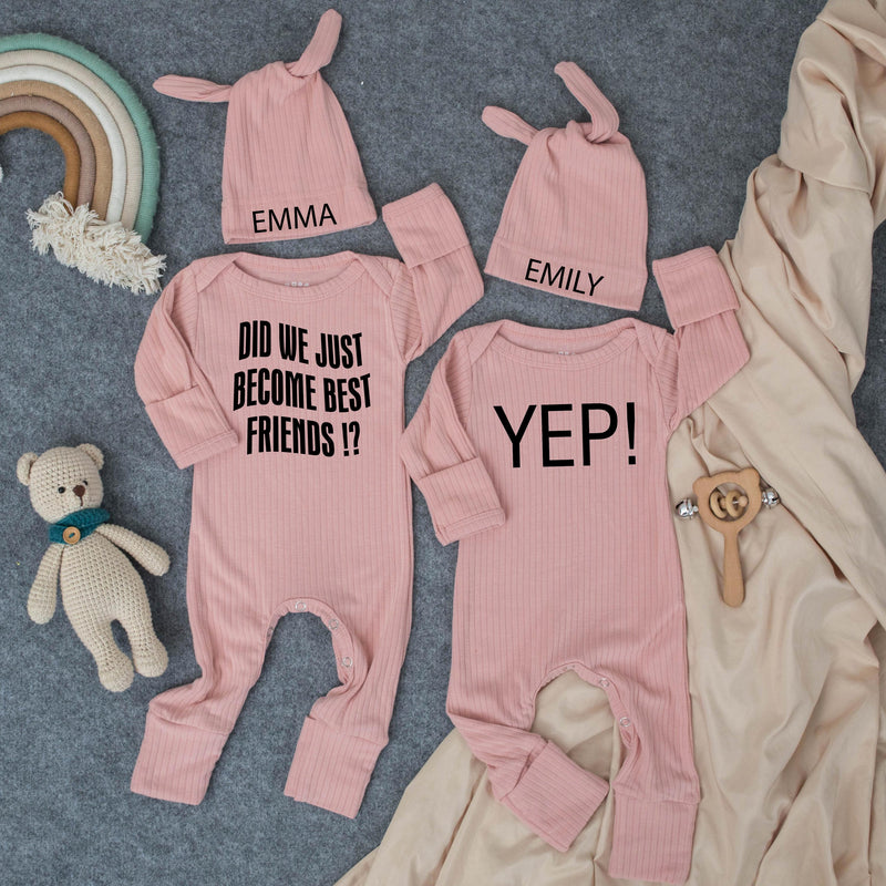 Did We Just Become Best Friends Baby Bodysuits with Hats Minimalist Twin Outfit Funny Personalized Gift for Baby Shower or Coming Home