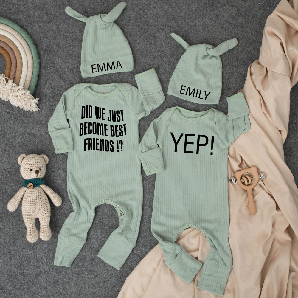 Did We Just Become Best Friends Baby Bodysuits with Hats Minimalist Twin Outfit Funny Personalized Gift for Baby Shower or Coming Home