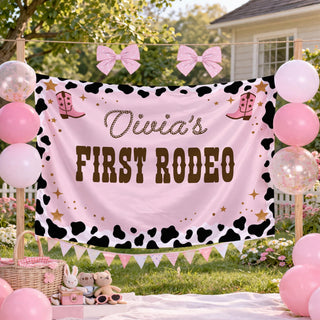 Divia's First Rodeo Pink Cowgirl Birthday Banner with Cow Print and Custom Name, Western Party Backdrop for 1st Birthday Celebration