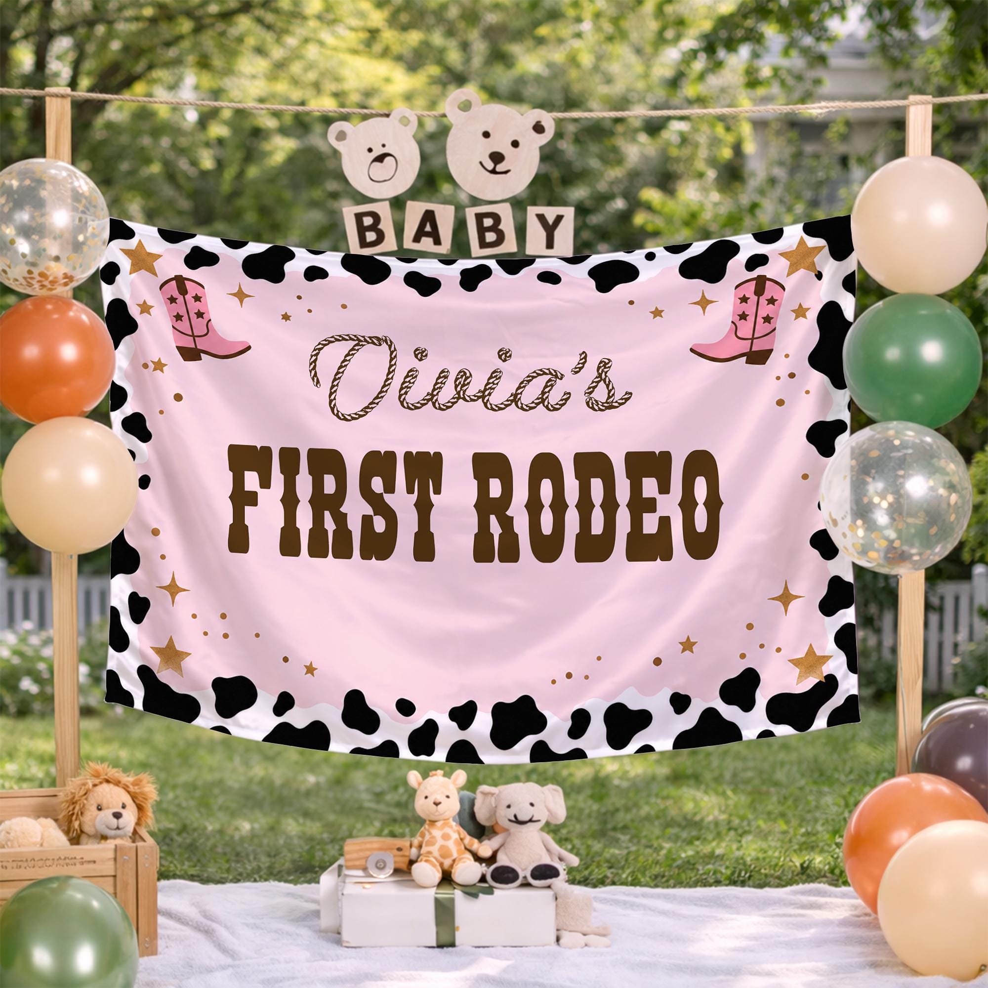 Divia's First Rodeo Pink Cowgirl Birthday Banner with Cow Print and Custom Name, Western Party Backdrop for 1st Birthday Celebration