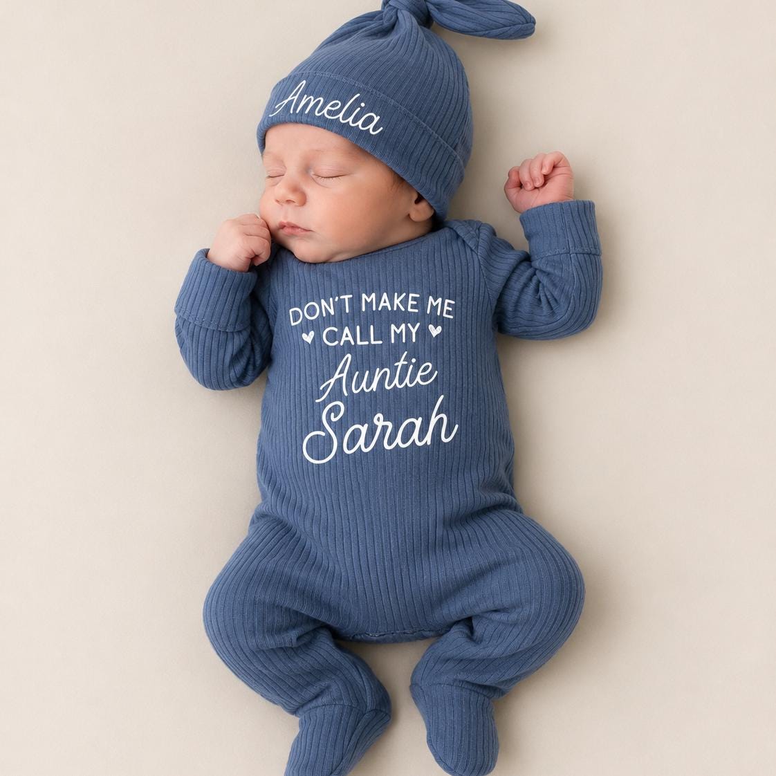 Don’t Make Me Call My Auntie Baby Bodysuit and Hat Set with Custom Name, Funny Newborn Outfit, Baby Shower Gift for Girls