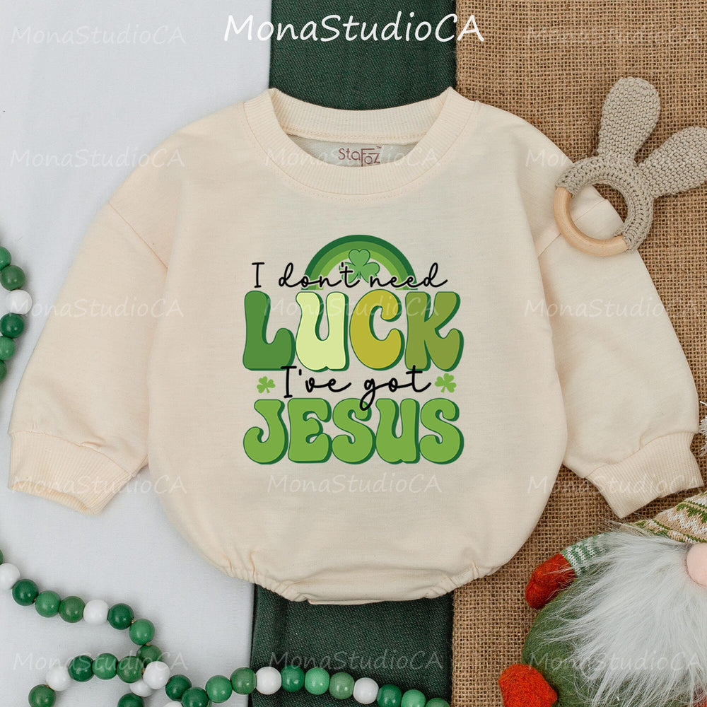 I Don’t Need Luck I’ve Got Jesus Baby Romper St. Patrick’s Day Outfit Shamrock Design 1st Holiday Baby Clothes Comfortable Cotton Gift