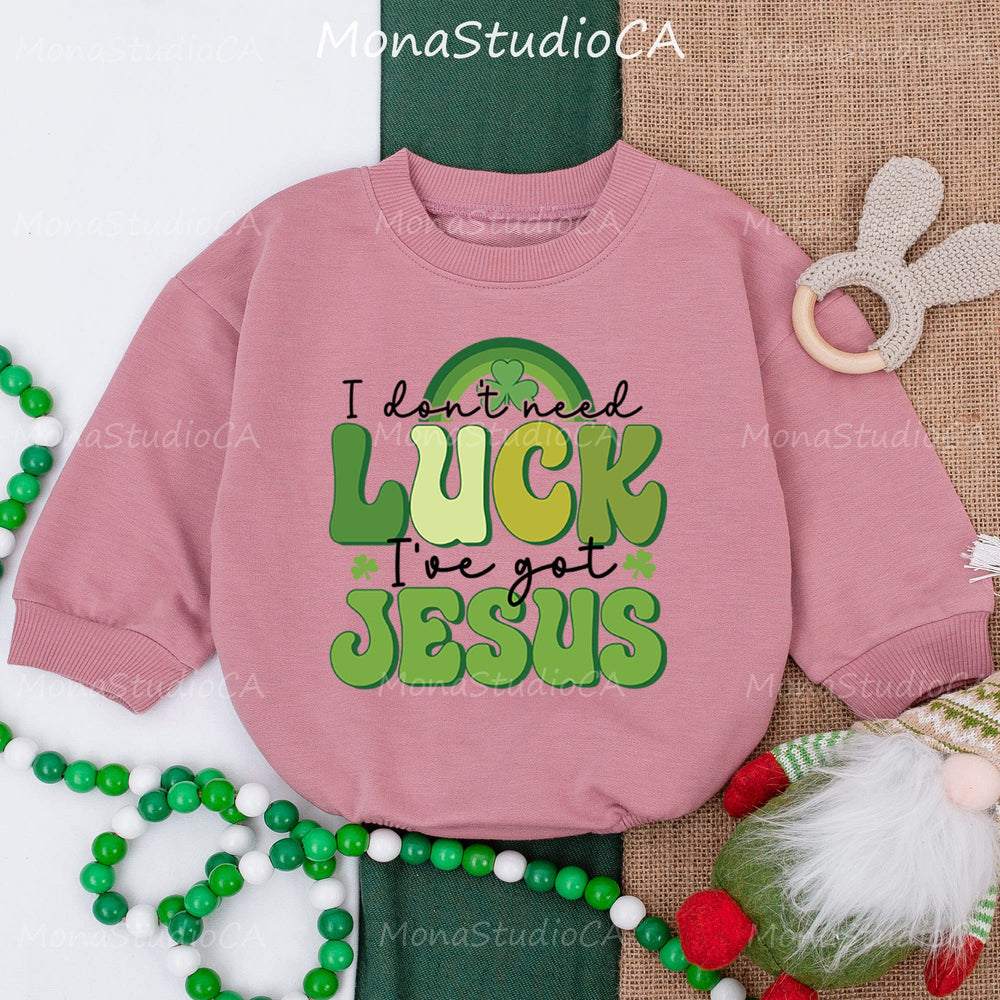 I Don’t Need Luck I’ve Got Jesus Baby Romper St. Patrick’s Day Outfit Shamrock Design 1st Holiday Baby Clothes Comfortable Cotton Gift