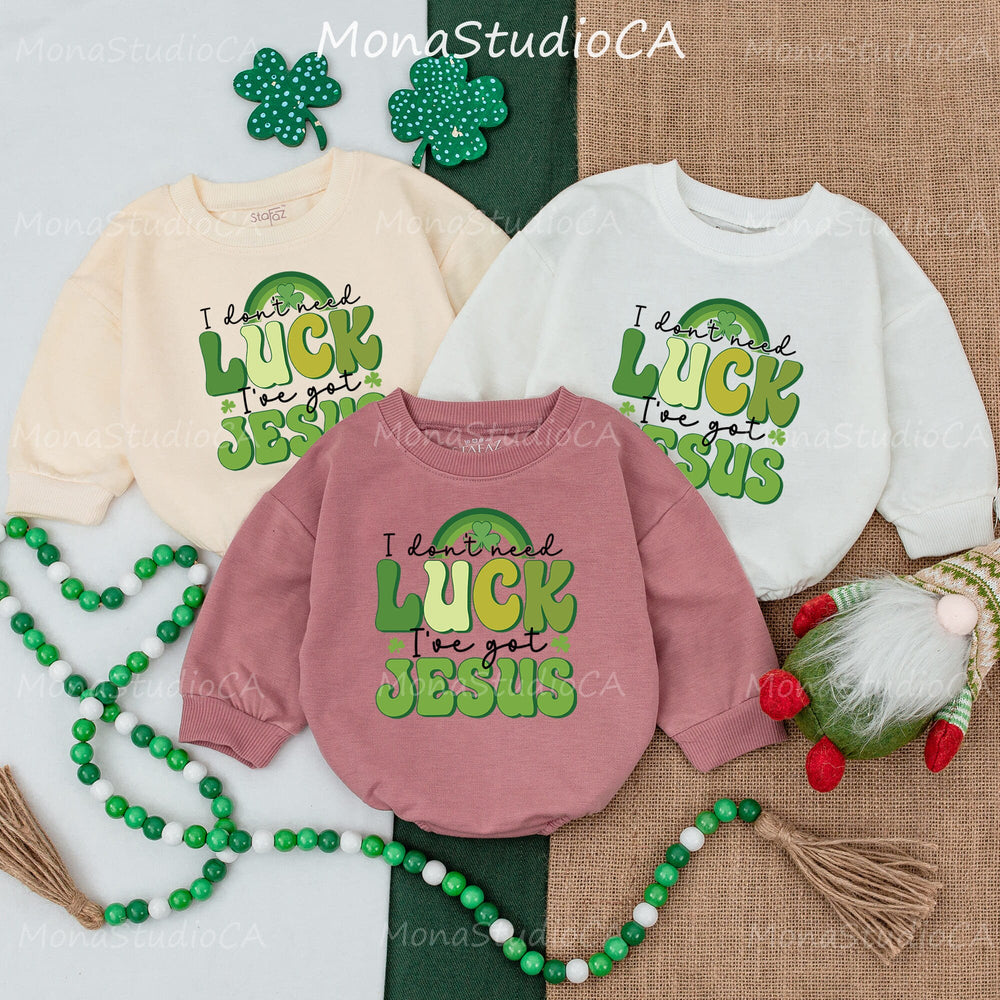 I Don’t Need Luck I’ve Got Jesus Baby Romper St. Patrick’s Day Outfit Shamrock Design 1st Holiday Baby Clothes Comfortable Cotton Gift