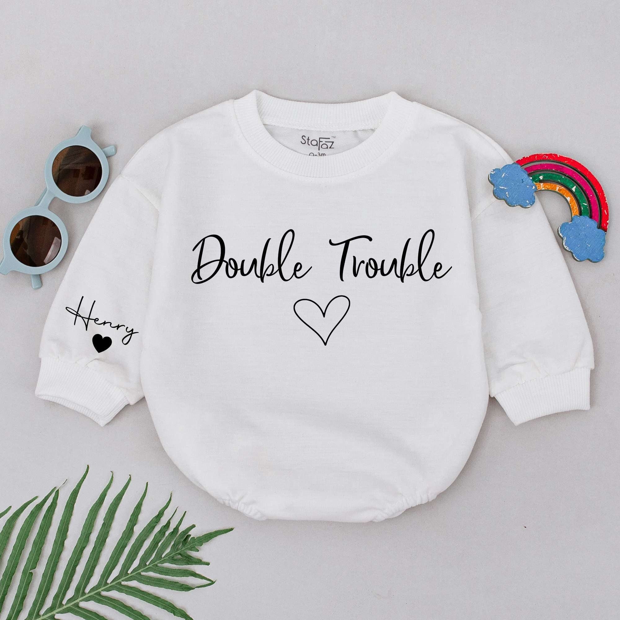Double Trouble Baby Romper Personalized with Name Soft Cotton Best Friends Gift Heart Graphic Twin Outfit Birthday Baby Shower