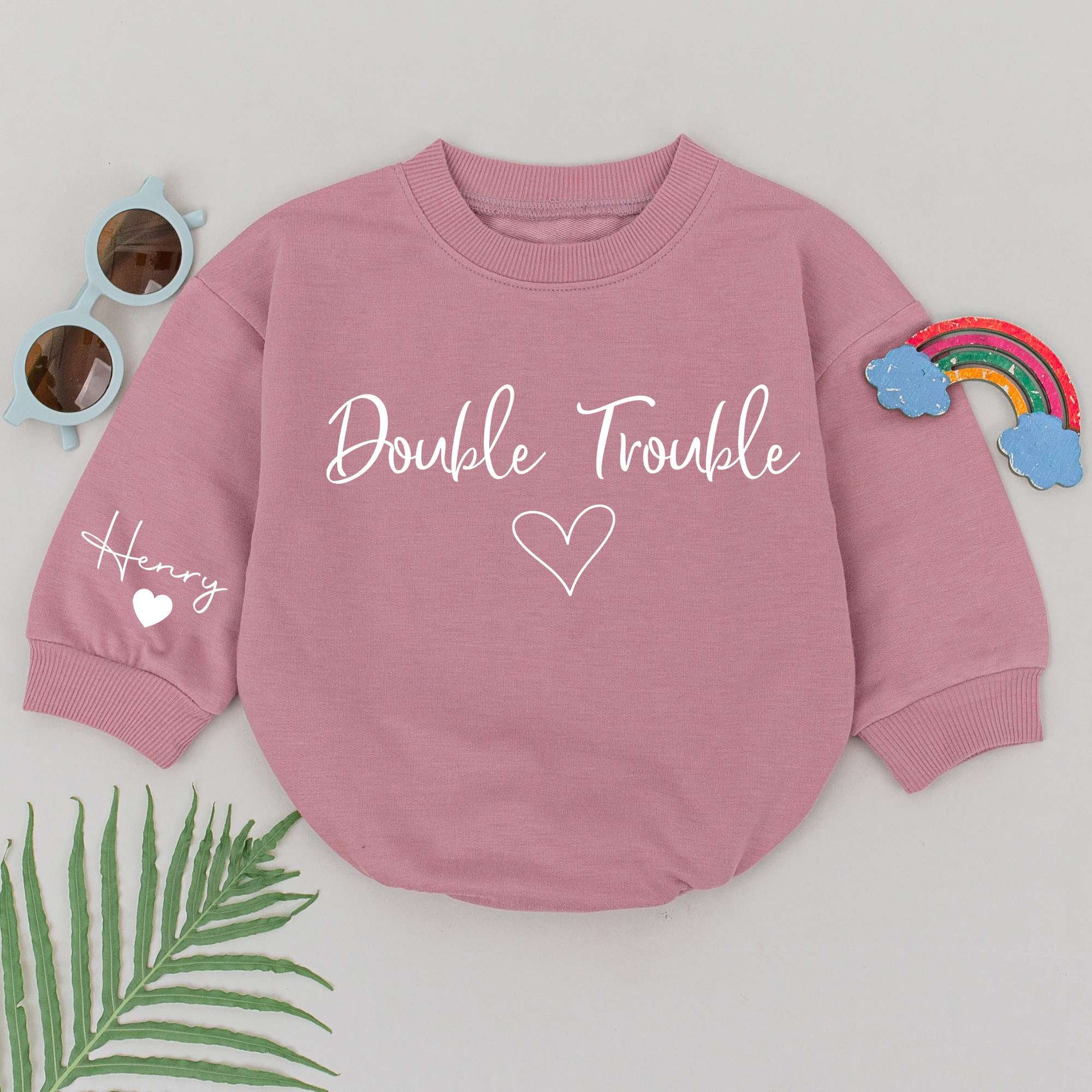 Double Trouble Baby Romper Personalized with Name Soft Cotton Best Friends Gift Heart Graphic Twin Outfit Birthday Baby Shower