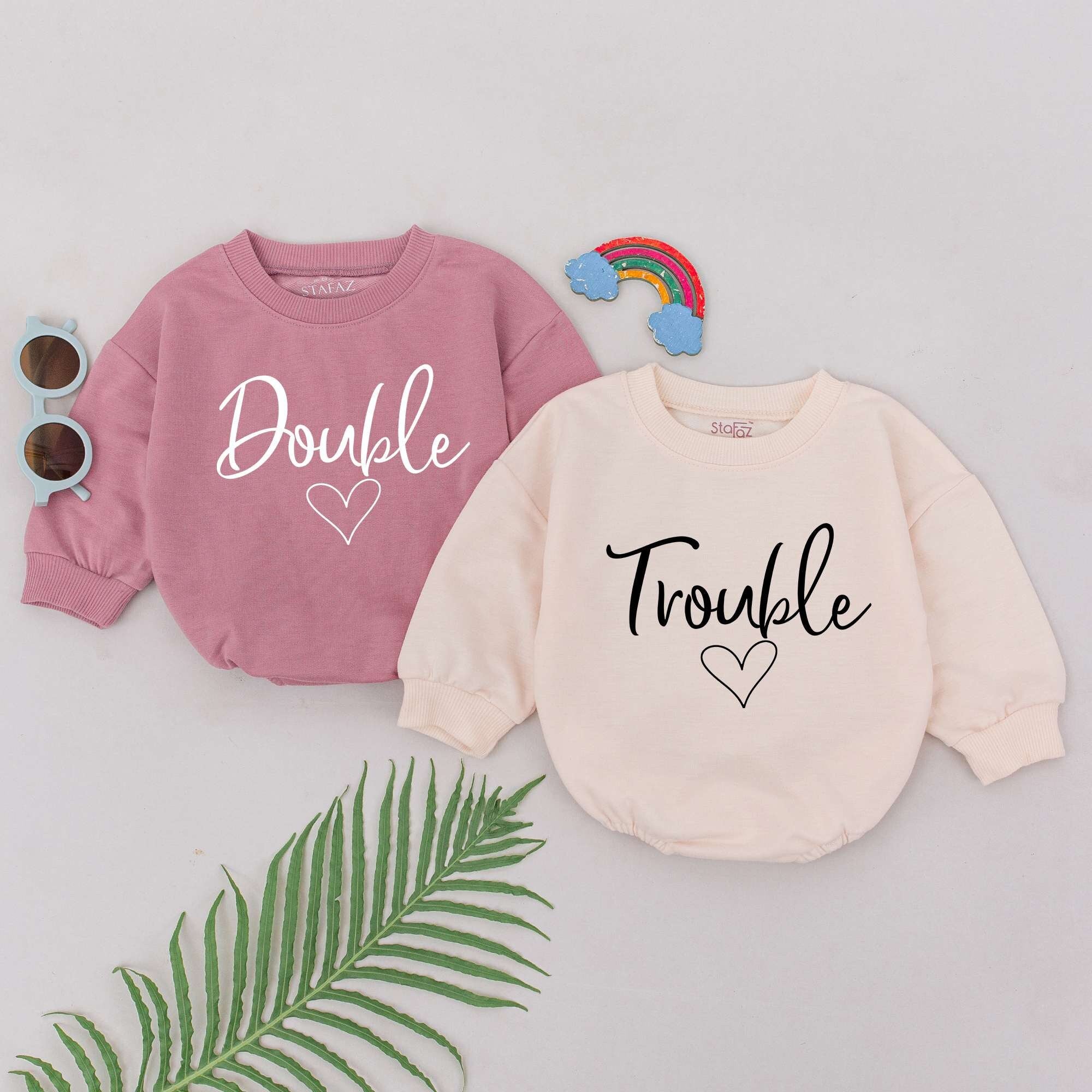 Double Trouble Baby Romper Personalized Twin Outfit Heart Design Cotton BFF Soulmate Besties Bodysuit Infant Womb Mates Baby Shower Gift