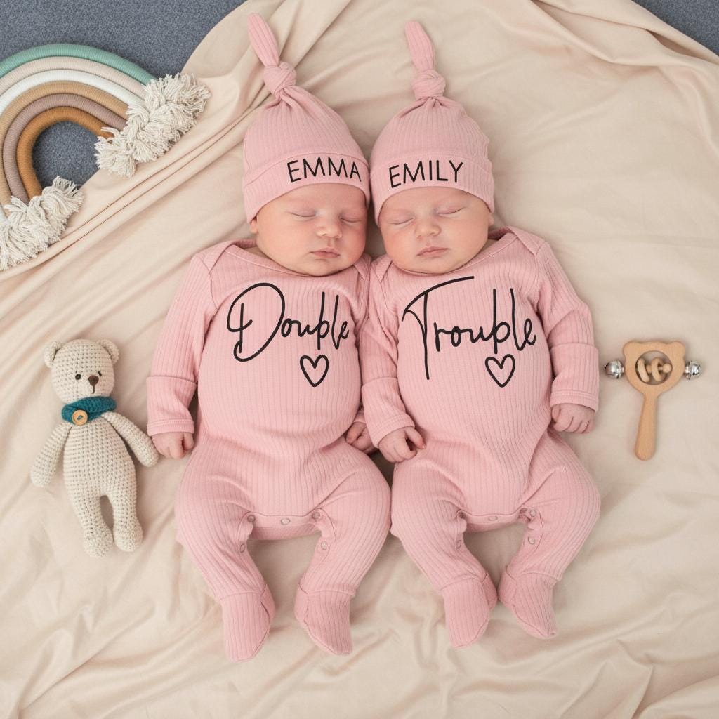 Double Trouble Twin Bodysuit Set with Personalized Hats Baby Shower Gift Twin Announcement Outfit Modern Monochrome Cotton Design
