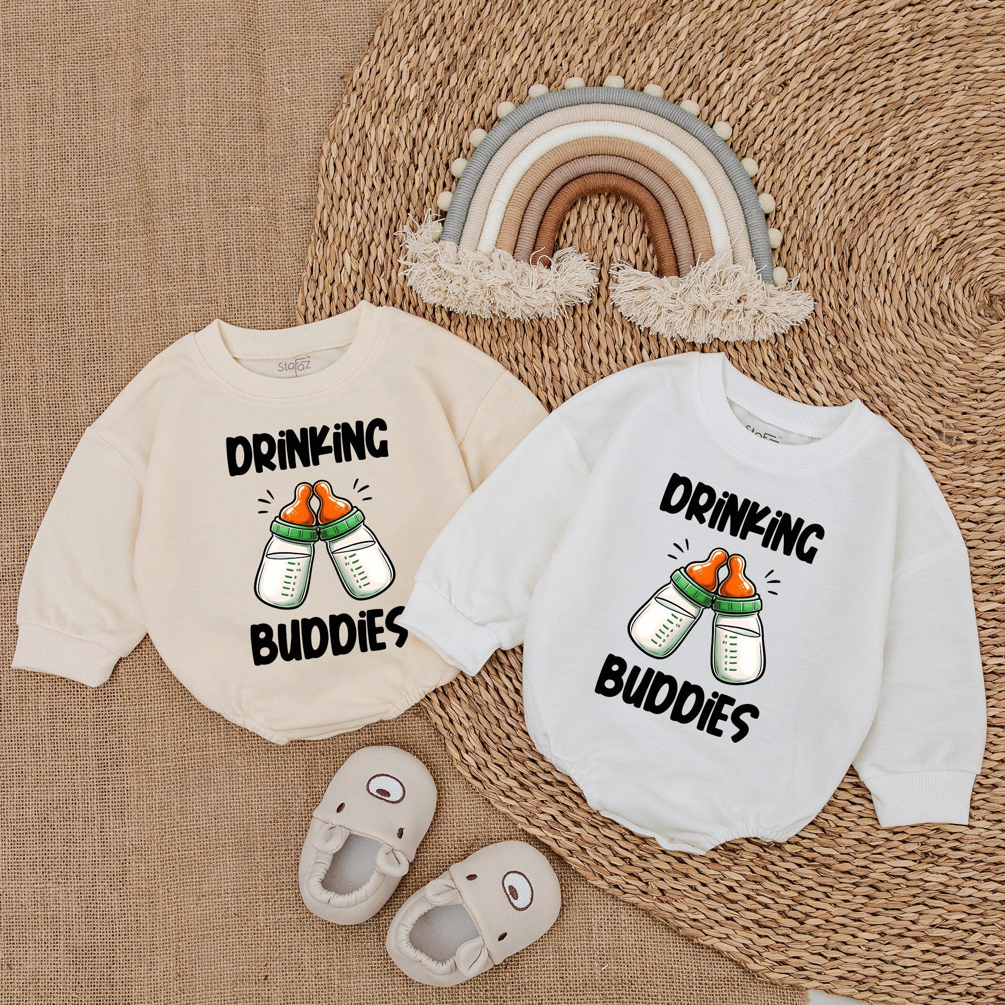 Drinking Buddies Baby Romper Cute Twins Outfit Colorful Cartoon Newborn Bodysuit Baby Shower Gift for Infant Boy or Girl Comfy Cotton Style