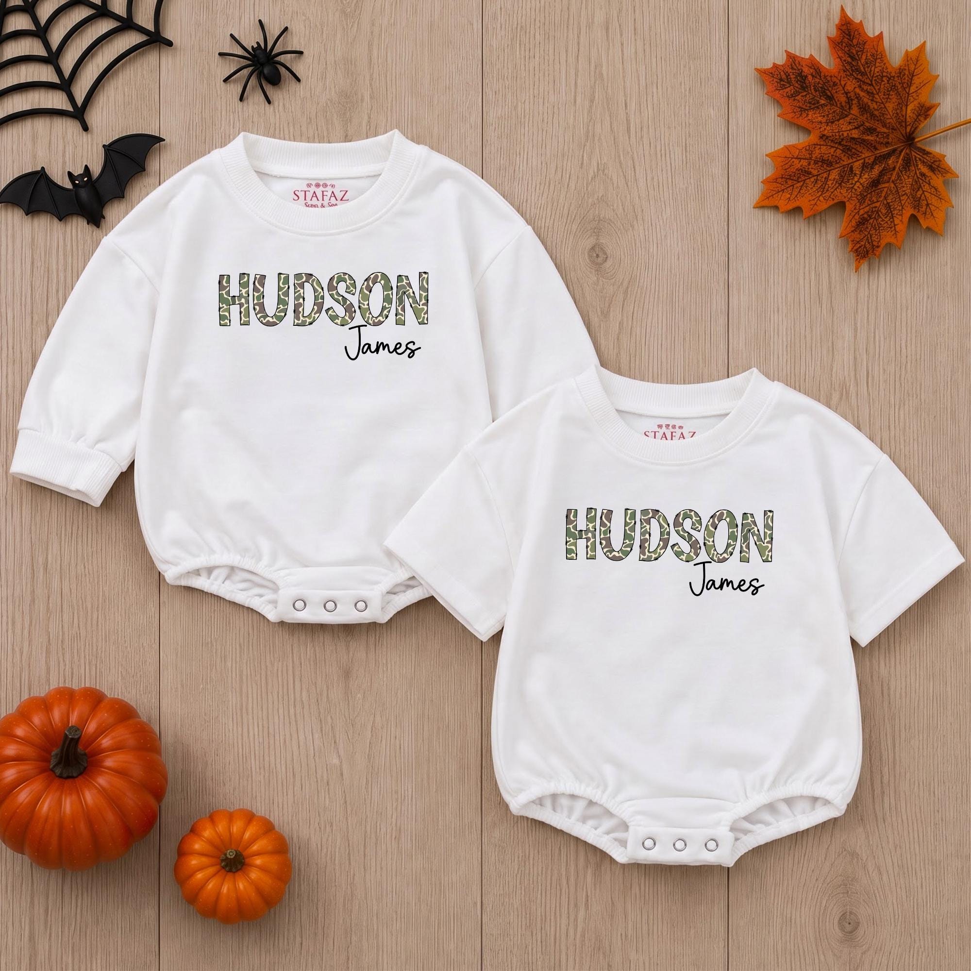 Duck Camo Baby Romper with Custom Name, Newborn Boy Hunting Outfit for Fall, Long Sleeve Infant One-Piece for Baby Shower Gift