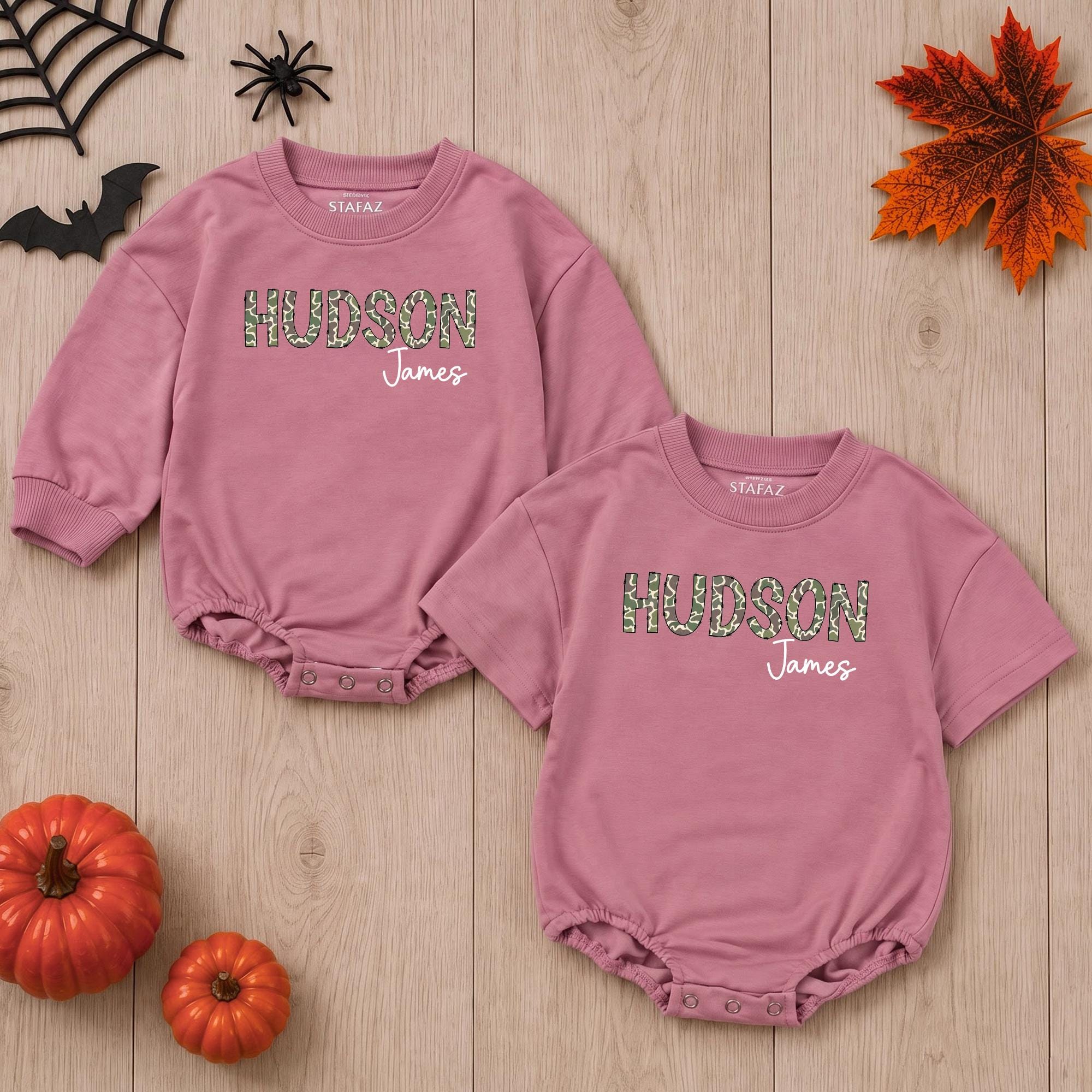 Duck Camo Baby Romper with Custom Name, Newborn Boy Hunting Outfit for Fall, Long Sleeve Infant One-Piece for Baby Shower Gift