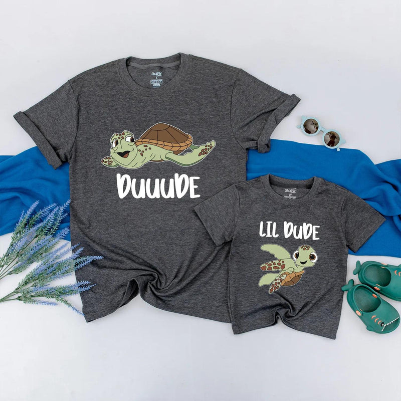 Duuuude and Lil Dude Matching Turtle Shirts Cute Father and Baby Outfit Sea Turtle Design Funny Gift for Dad Son Father’s Day Cotton Tee
