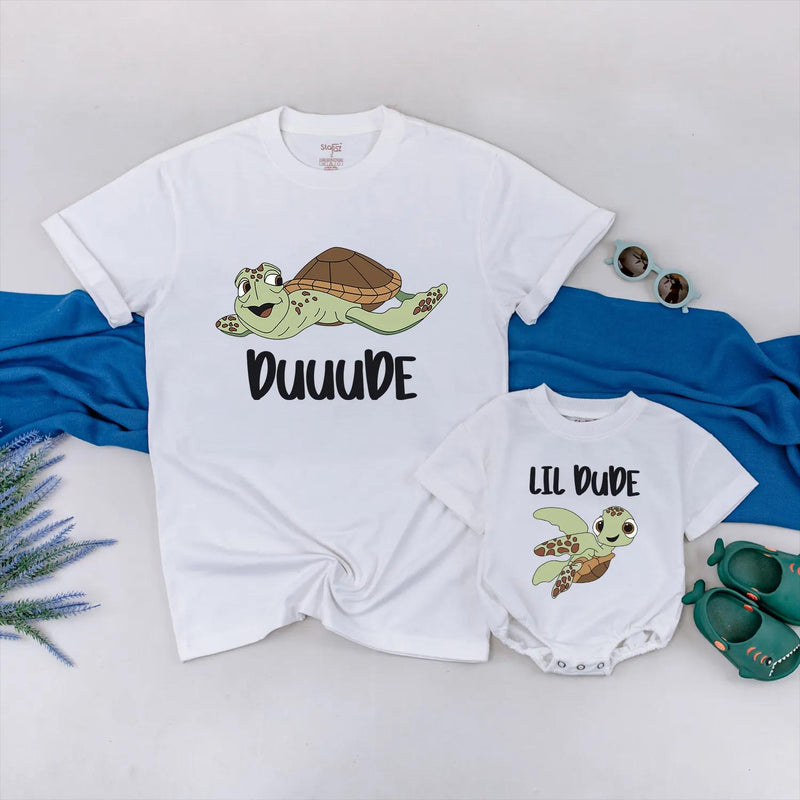 Duuuude and Lil Dude Matching Turtle Shirts Cute Father and Baby Outfit Sea Turtle Design Funny Gift for Dad Son Father’s Day Cotton Tee