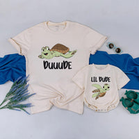 Duuuude and Lil Dude Matching Turtle Shirts Cute Father and Baby Outfit Sea Turtle Design Funny Gift for Dad Son Father’s Day Cotton Tee