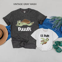 Duuuude and Lil Dude Matching Turtle Shirts Cute Father and Baby Outfit Sea Turtle Design Funny Gift for Dad Son Father’s Day Cotton Tee
