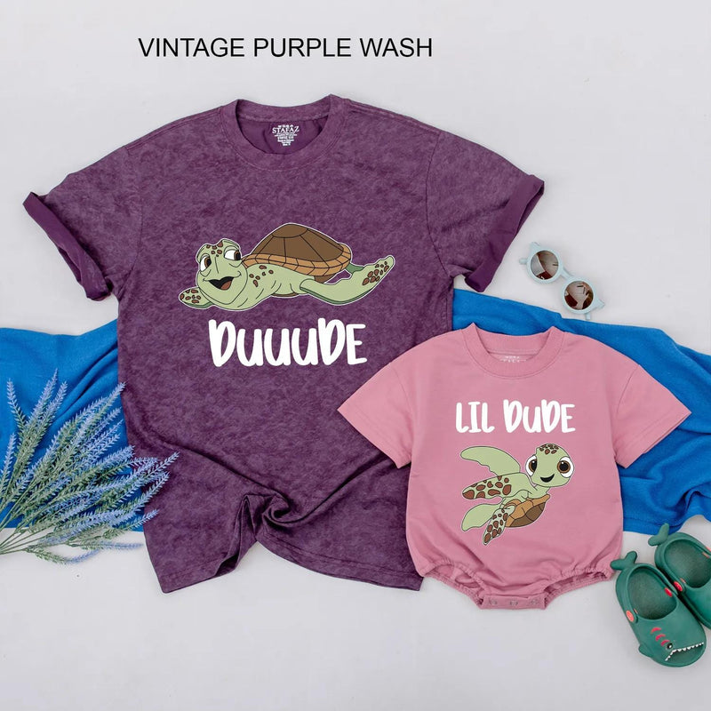 Duuuude and Lil Dude Matching Turtle Shirts Cute Father and Baby Outfit Sea Turtle Design Funny Gift for Dad Son Father’s Day Cotton Tee