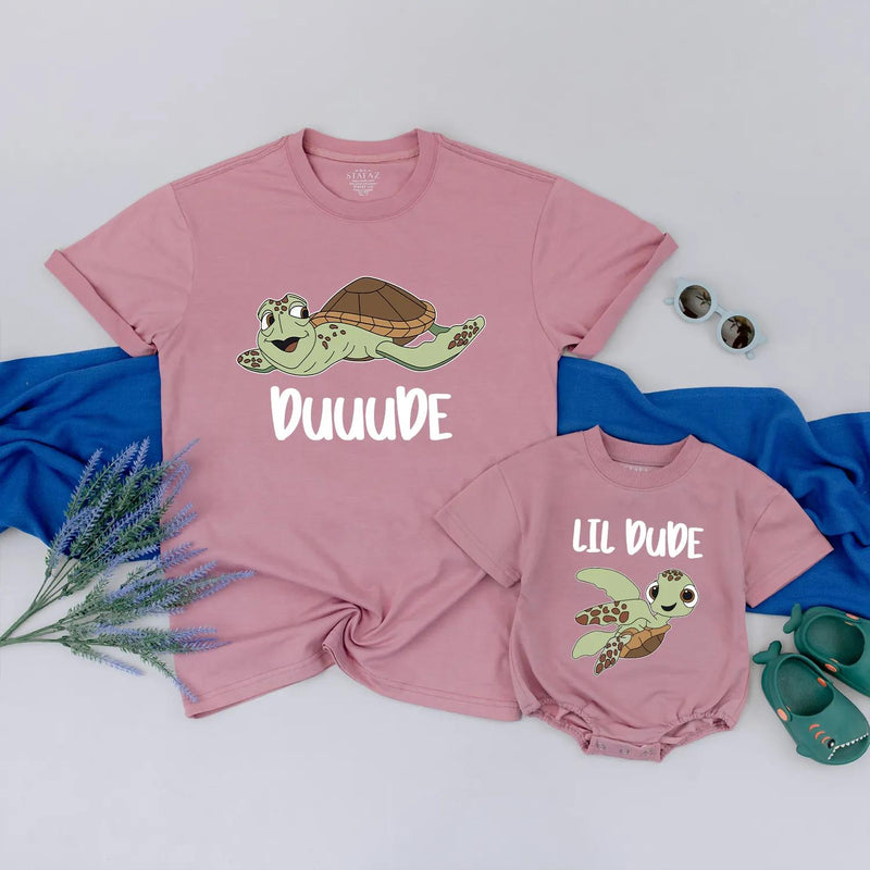 Duuuude and Lil Dude Matching Turtle Shirts Cute Father and Baby Outfit Sea Turtle Design Funny Gift for Dad Son Father’s Day Cotton Tee
