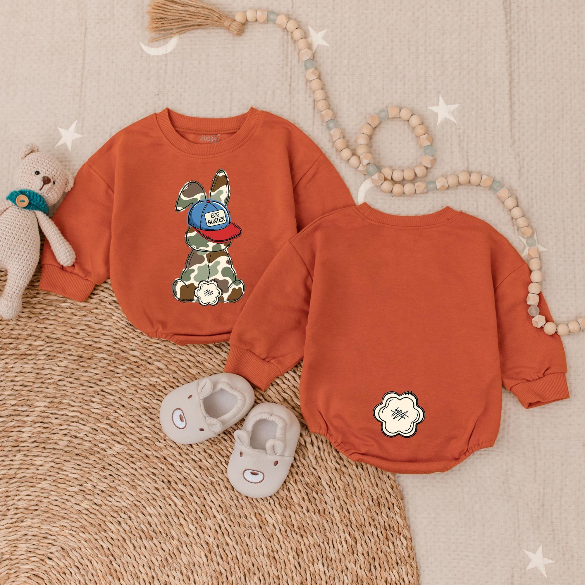 Egg Hunter Bunny Romper for Babies Camo Adventure Easter Outfit with Backwards Hat Sweet Baby Shower Gift Soft Comfortable Cotton