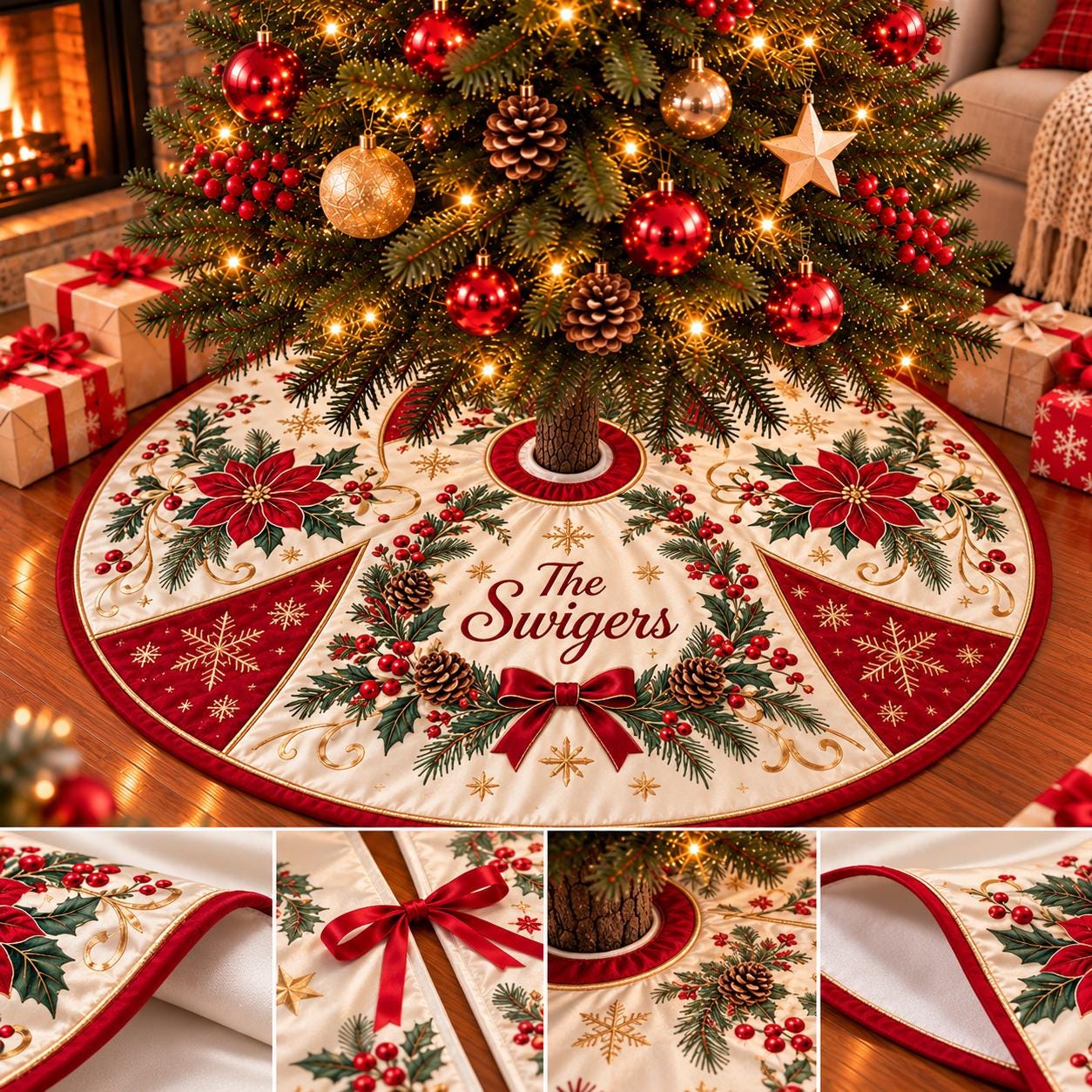 Elegant Poinsettia Christmas Tree Skirt with Custom Family Name, Festive Holiday Decor for Living Room Celebrations