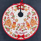 Elegant Poinsettia Christmas Tree Skirt with Custom Family Name, Festive Holiday Decor for Living Room Celebrations