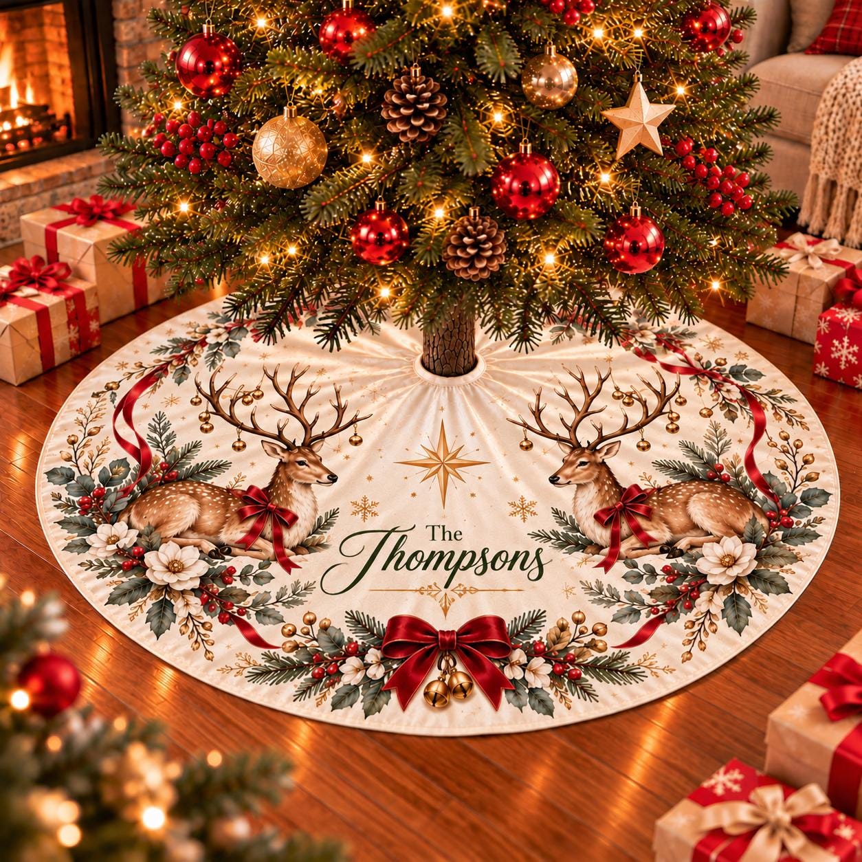 Elegant Reindeer Christmas Tree Skirt with Custom Family Name, Mid-Century Modern Holiday Decor with Festive Red Bow Accents
