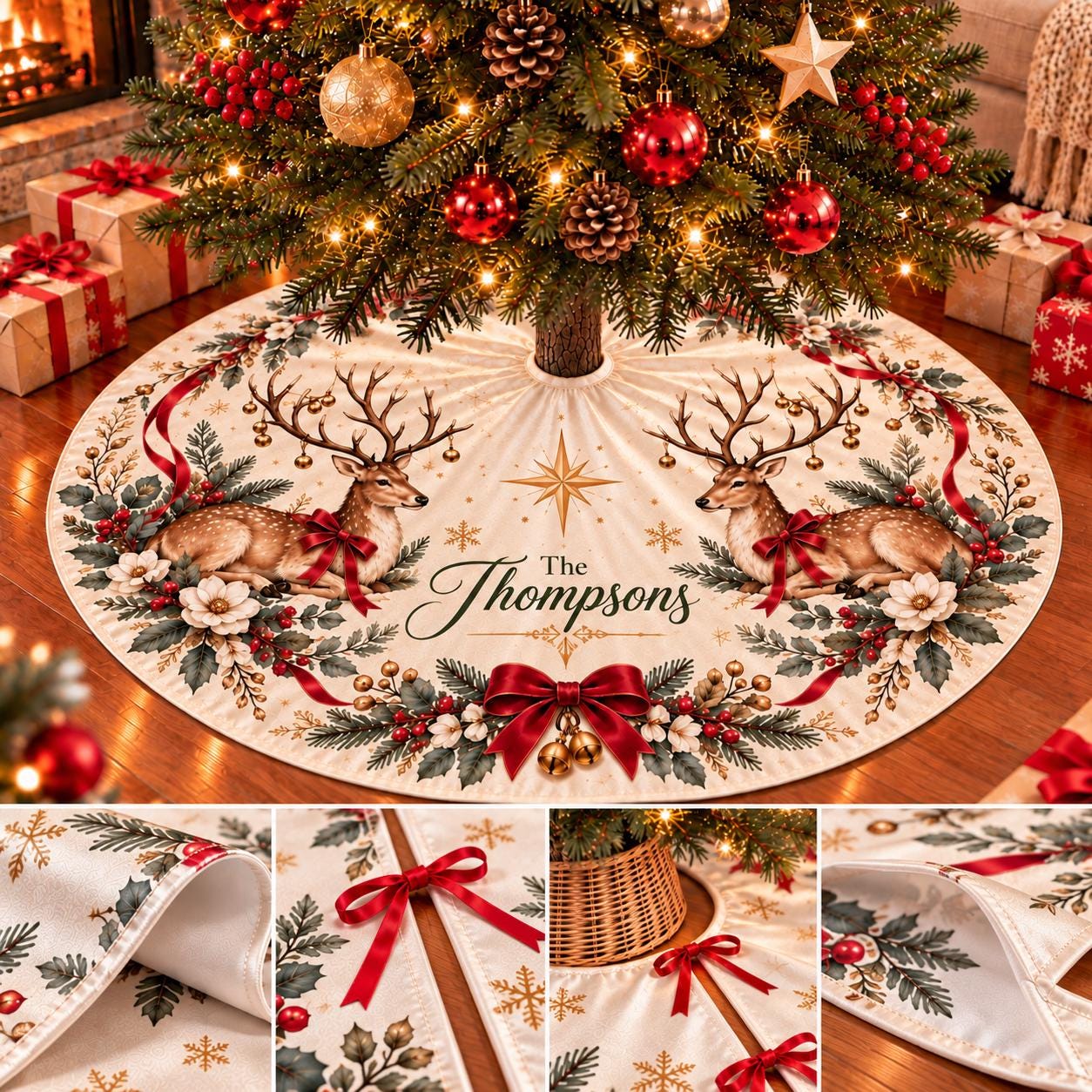 Elegant Reindeer Christmas Tree Skirt with Custom Family Name, Mid-Century Modern Holiday Decor with Festive Red Bow Accents